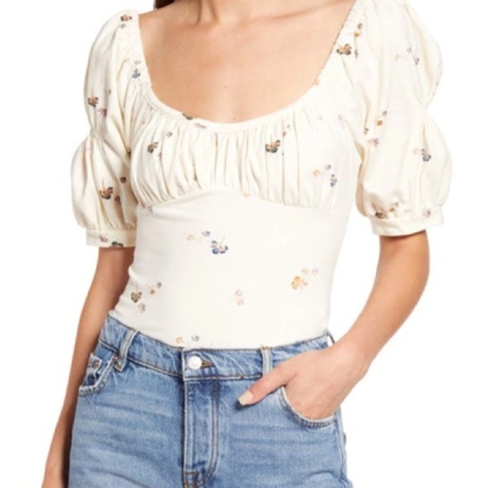 Free People Playdate thong bodysuit puff sleeve. Cotton blend stretch.WOMENS XS
